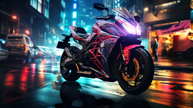 Night motorcycle driving downtown colorful on city streets , like colorful flashes, flash light car photo  , Generate AI