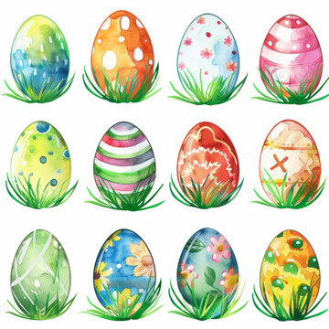 Happy Easter. A collection of watercolor Easter eggs decorated with geometric ornaments in the grass on a white background.