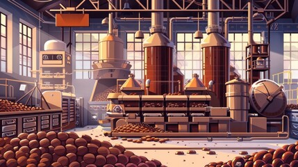 Stylized Chocolate Factory Machinery Showcasing Cocoa Bean to Treat Transformation