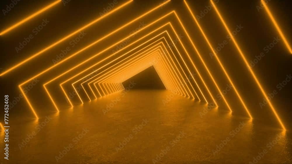 Poster enter a room with a tunnel of yellow neon lights glowing on the concrete floor in a fascinating 3d a