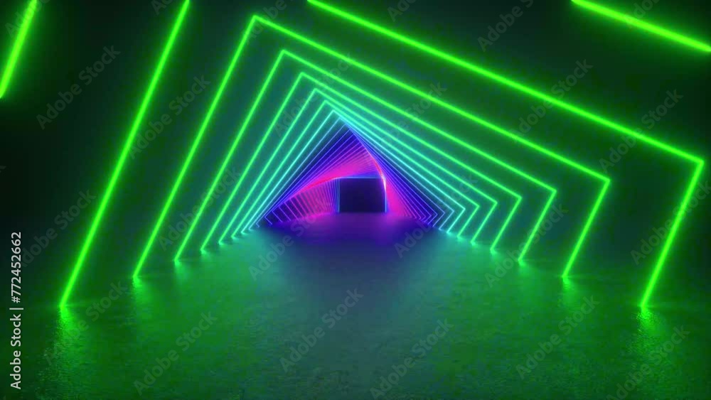 Poster a looped 3d animation of futuristic neon tube lights creating a glowing tunnel in a dark room on a c