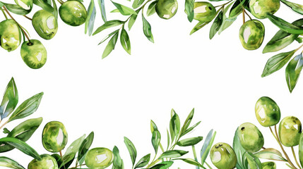 watercolor olives on a branch with leaves background with copy space in the center