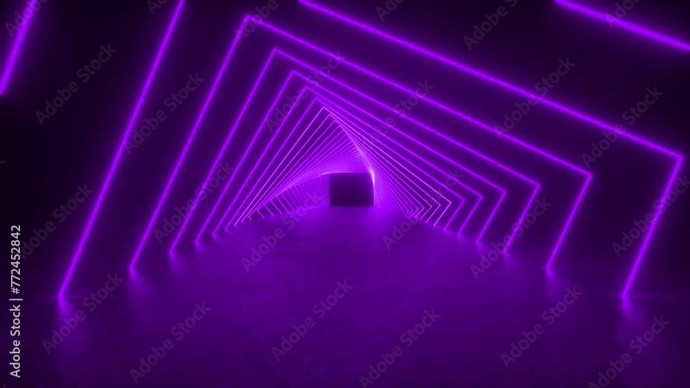 Poster dive into a purple tunnel with a block at the center, surrounded by glowing neon tube lights in a fu
