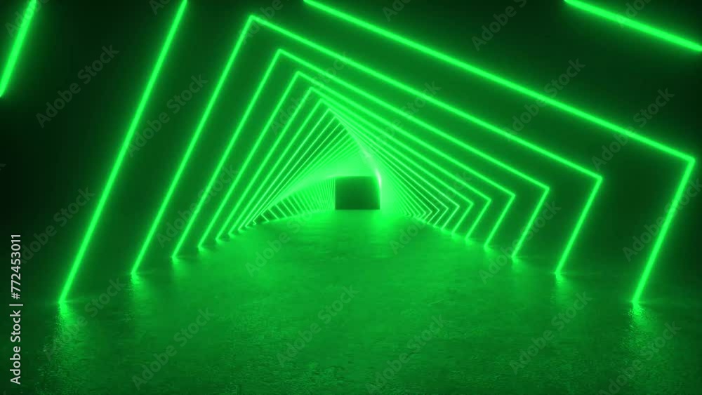 Poster experience a futuristic tunnel with neon green lights glowing along its concrete walls and floor in 