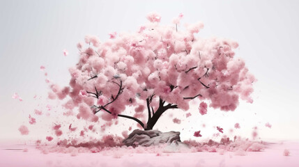 one cherry tree, pink, shady, white background  ,Generate AI