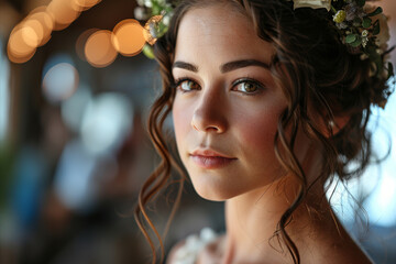 Fototapeta premium Close portrait of young beautiful bride with elegant wedding hairstyle and makeup.