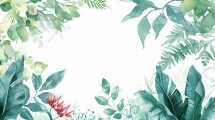 watercolor green leaves background with copy space in the center