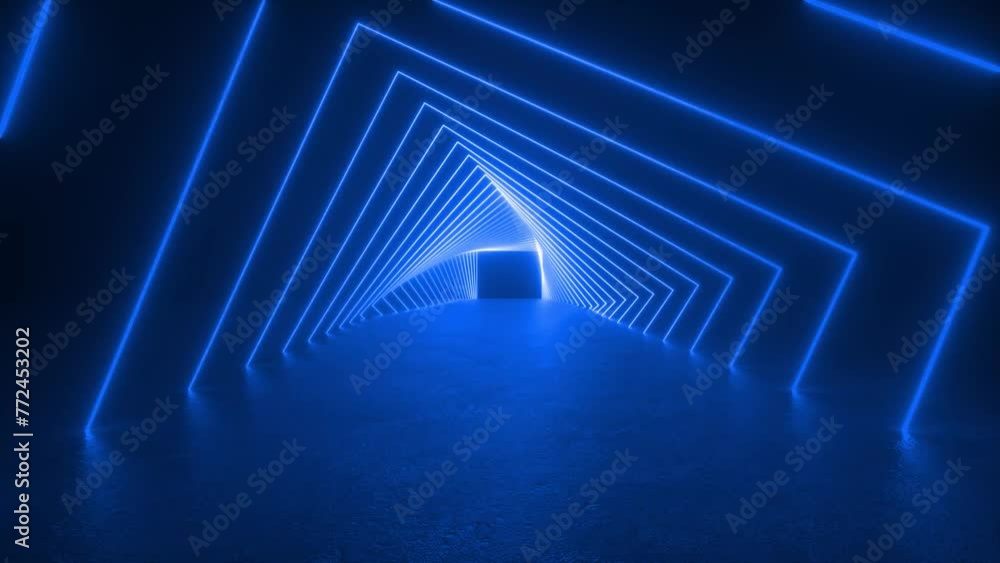 Poster explore a futuristic tunnel of blue neon lights glowing in a dark room. the mesmerizing looped 3d an