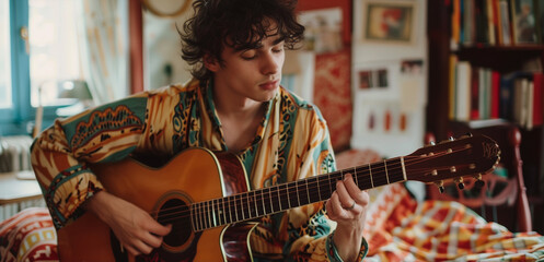 Relaxed young man playing an acoustic guitar in a cozy, book-filled bedroom
