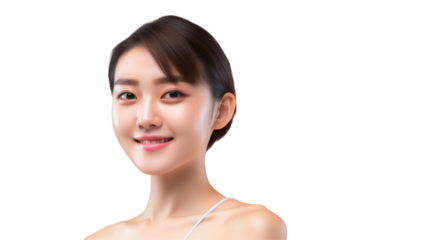 a woman is smiling and looking at the camera on a transparent background on transparent
