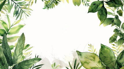 watercolor green leaves background with copy space in the center