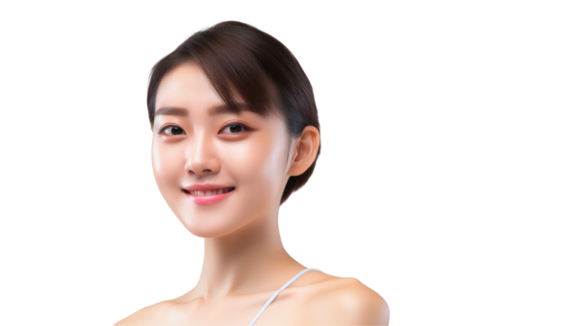 a woman is smiling and looking at the camera on a transparent background on transparent