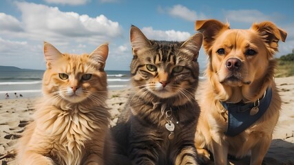 Selfie at the beach with best pals, a cat and a dog
