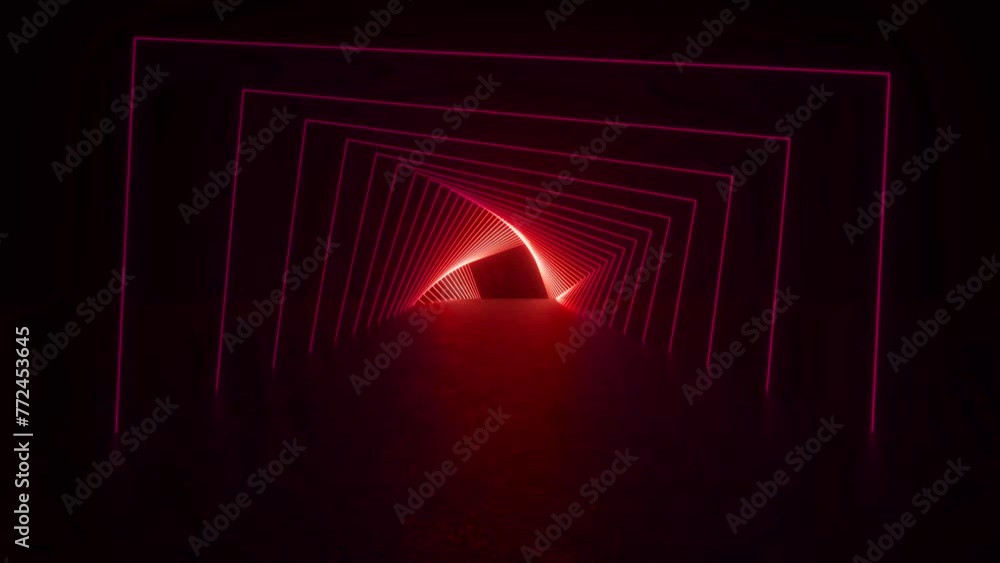 Poster explore a futuristic tunnel filled with red neon lights glowing in the concrete walls and floor. 4k 