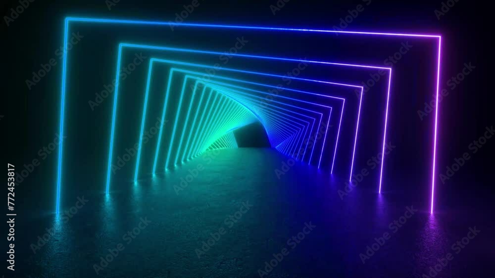 Poster a tunnel of neon lights glowing in a dark room, creating a futuristic sci-fi ambiance with lines and