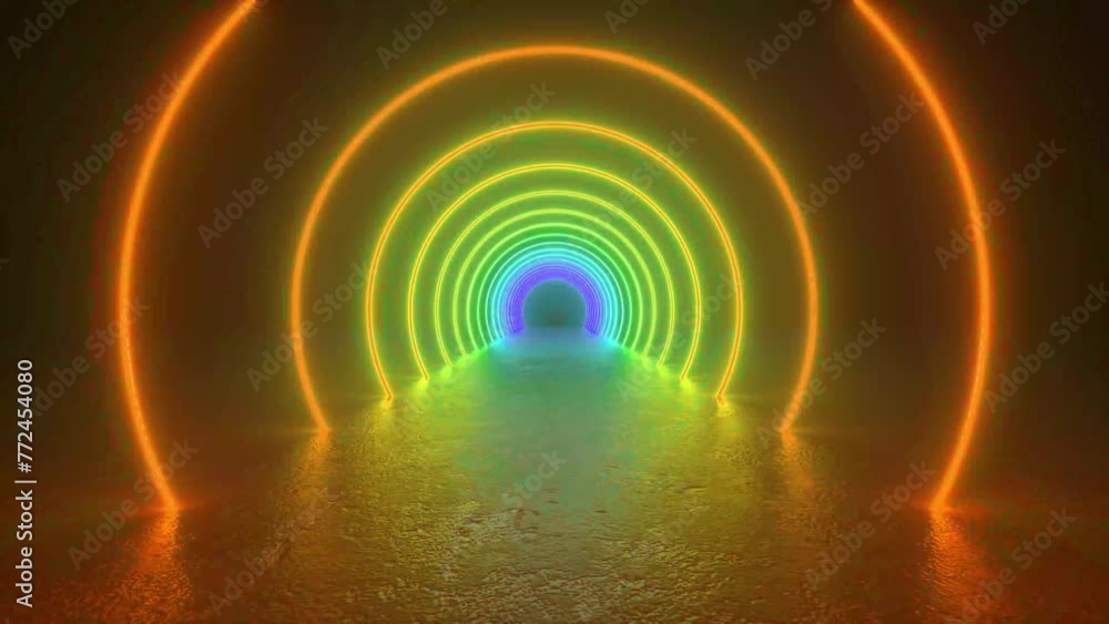 Poster tunnel of neon lights glowing on a concrete floor in a dark room. abstract background with circle fr