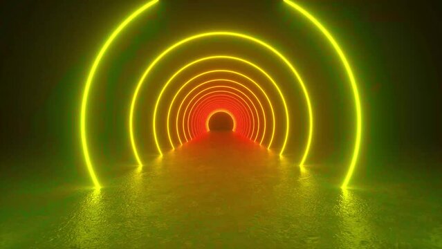 Explore a futuristic tunnel with neon tube lights glowing in the concrete floor, leading to a bright light at the end. 4K 3D Animation Loop Futuristic Sci Fi Lines