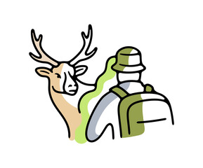Encounter with wild animals in wild nature. Travel, hiking, adventure, tourist, elk, deer and stag, illustration