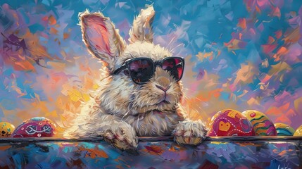 Adorable Easter Bunny Resting in a Colorful Impressionist Style Automobile with Vibrant Sunset Backdrop - obrazy, fototapety, plakaty