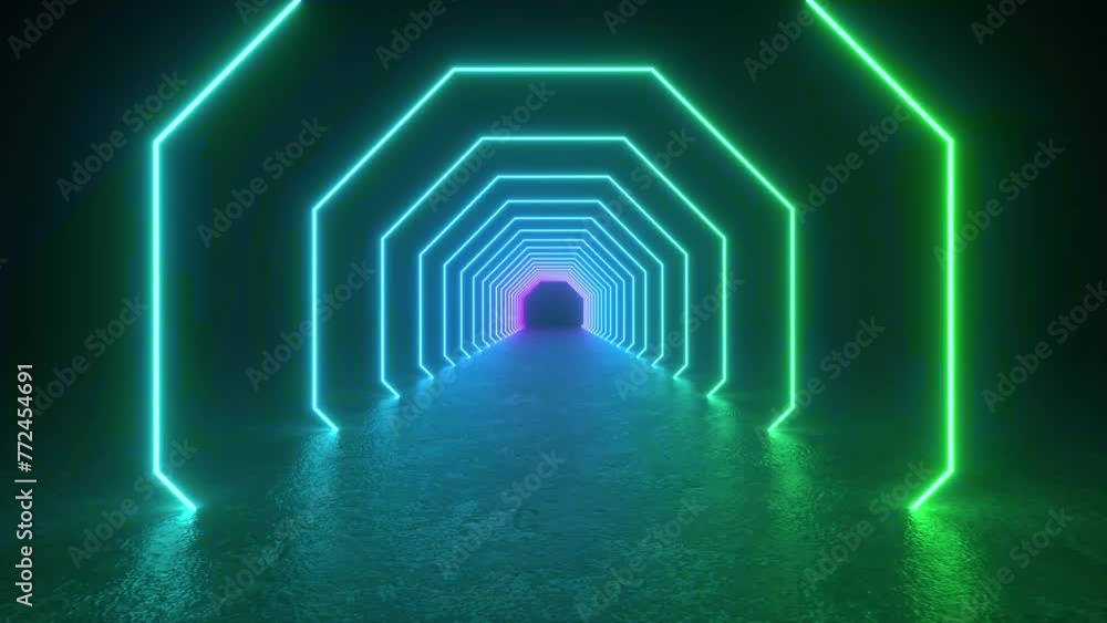 Poster 4k flight through hexagonal corridor, glowing tunnel. futuristic lines and lights glowing in a concr