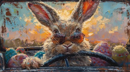 Adorable Easter Bunny Relaxing in Impressionist Style Car with Sunset Backdrop - obrazy, fototapety, plakaty