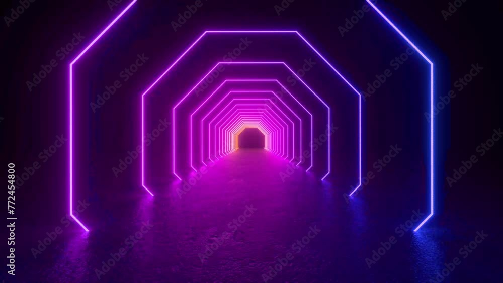 Poster 4k flight through hexagonal corridor, glowing tunnel. futuristic lines and lights glowing in a concr