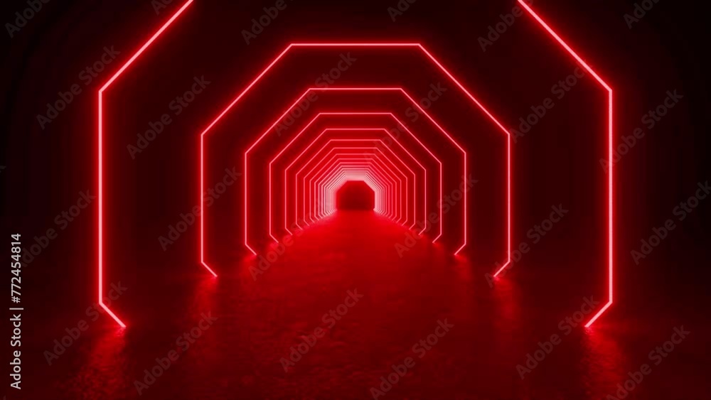 Poster a man walks through a tunnel lit with glowing red neon lights on a concrete floor in a futuristic sc