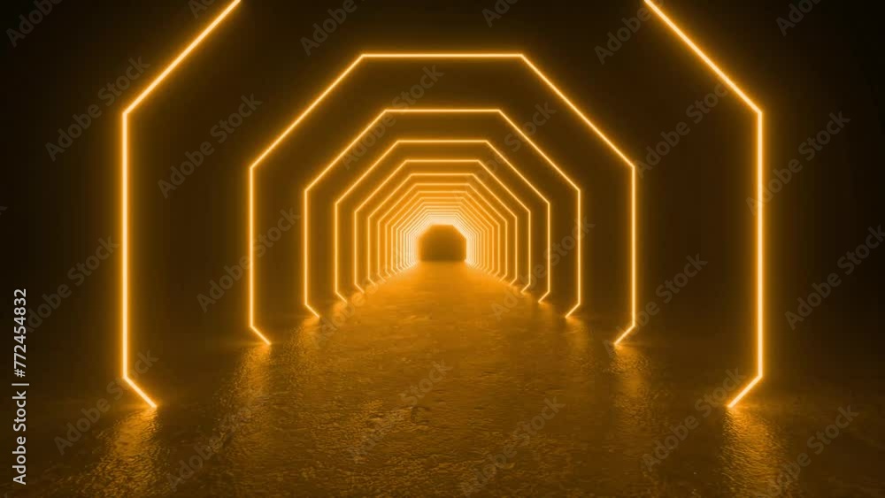 Poster explore a tunnel with neon tube lights glowing in a concrete floor, creating a futuristic atmosphere