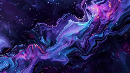 Fotobehang This vibrant digital art piece captures a flowing abstract fluid art style with rich purple and blue hues complemented by pink highlights and speckles of white © Matthew