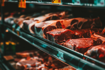 Meat products on shelves in supermarket, closeup. Meat products for sale - obrazy, fototapety, plakaty