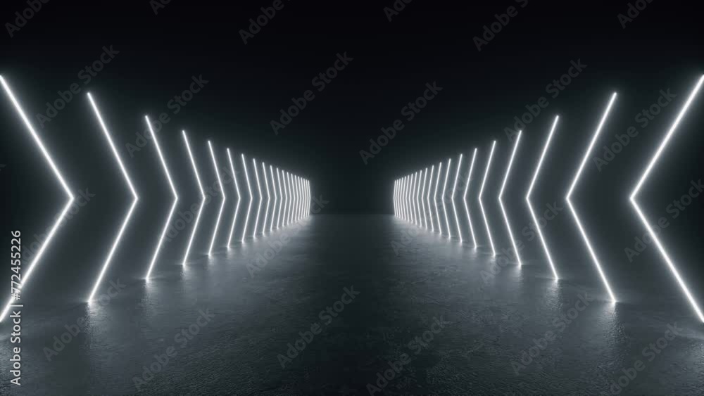 Poster 4k animation loop futuristic sci fi lines white neon tube lights glowing in concrete floor room with