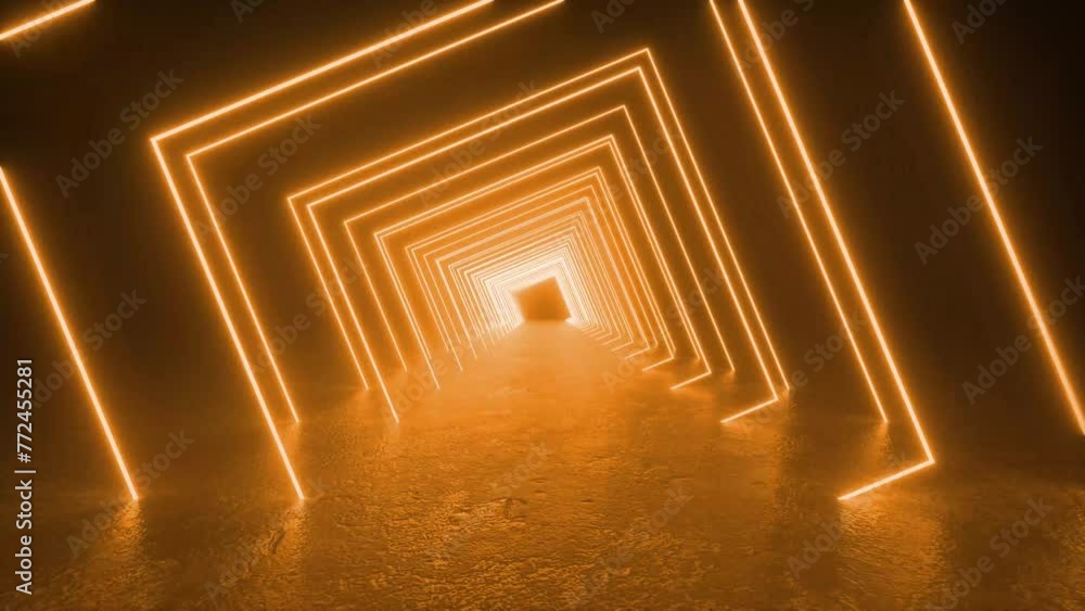 Poster navigate through a long futuristic tunnel with neon tube lights glowing in the concrete floor, leadi