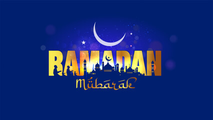 Website banner for islamic festival Eid Ramadan mubarak. Family prayer in mosque, moon and celebration background. © New concept & ideas