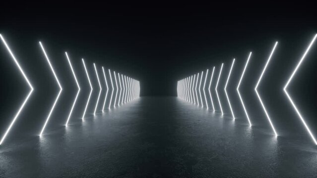 4K Animation Loop Futuristic Sci Fi Lines White Neon Tube Lights Glowing In Concrete Floor Room With Reflections Empty Space. Alien, Spaceship, Future, Arch. Moving forward. 3D Rendering