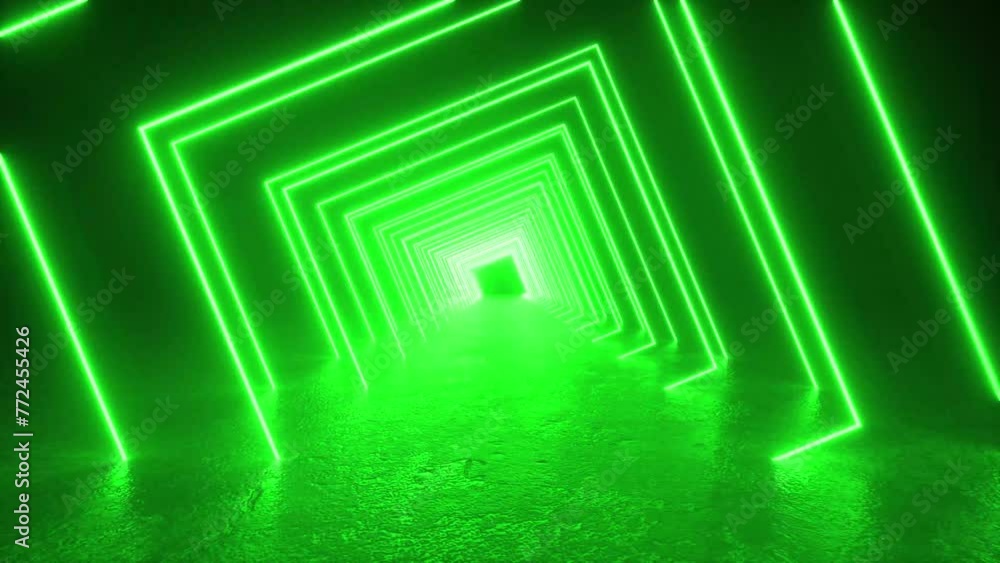 Poster journey through a long tunnel illuminated by green neon lights on the concrete floor, creating a fut
