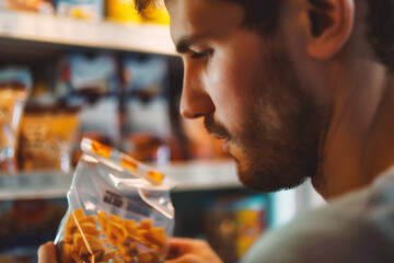 Close-up of a young man looking at a package in the supermarket - obrazy, fototapety, plakaty