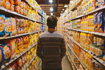 Rear view of man standing in aisle of food store in supermarket - Powered by Adobe