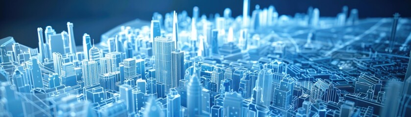 Futuristic hologram of a city, hyperrealistic white modeling with scifi blue shades, detailed plan