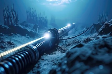Hightech fiberoptic submarine cable in a hyperrealistic ocean setting, glowing with activity - obrazy, fototapety, plakaty