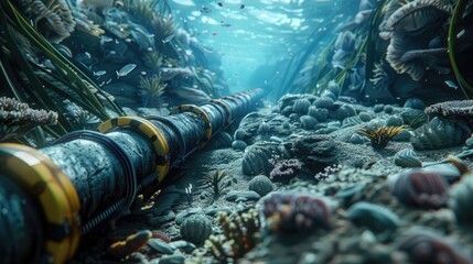 Hightech submarine communication cable, hyperrealistic depiction among deep sea creatures - obrazy, fototapety, plakaty