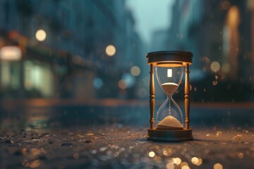 Hourglass in hyperrealistic detail, foreground focus with trickling sand, symbolizing pressing time - obrazy, fototapety, plakaty