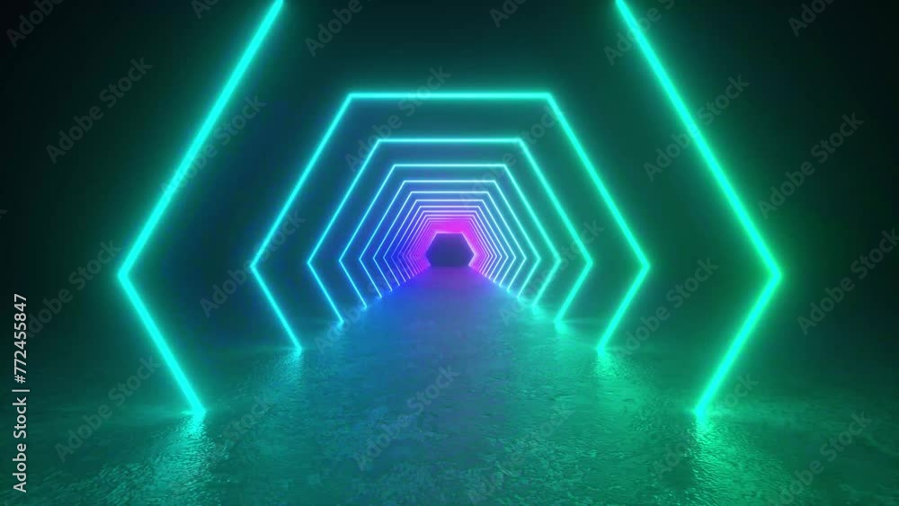 Poster explore a neon-lit tunnel with futuristic 3d animation loop of glowing tube lights on a concrete flo