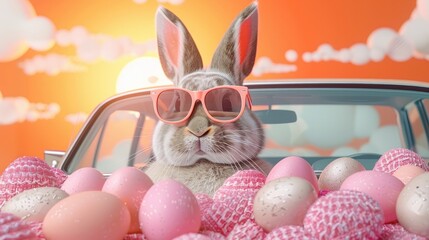 Stylish Easter Bunny Relaxing in Colorful Car Laden with Cheerful Spring Eggs Amid Sunset Collage - obrazy, fototapety, plakaty