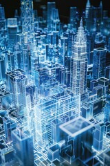 Naklejka premium Hyperrealistic holographic cityscape, white and blue scifi design, with intricate ground plans