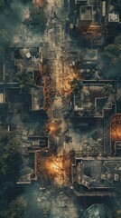 Hyperrealistic, topdown battlemap of empty, scifi suburban ruins, cyberpunk destruction
