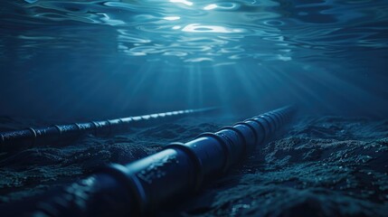 Hyperrealistic view of global communication, a submarine fiberoptic cable under moody oceanic light - obrazy, fototapety, plakaty