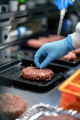 Labgrown meat patties being tested for quality, hyperrealistic lab scenario