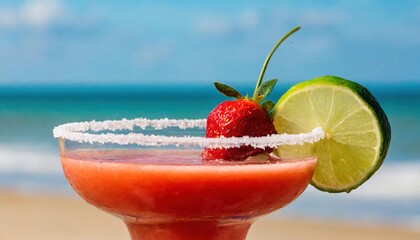 strawberry margarita and Daiquiri frozen and on ice with lime and berry fruit at beach side for summer time relaxation in the sun and sand