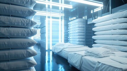 A sterile, futuristic hospital linen room stocked with neatly piled supplies, illuminated by soft overhead lights.