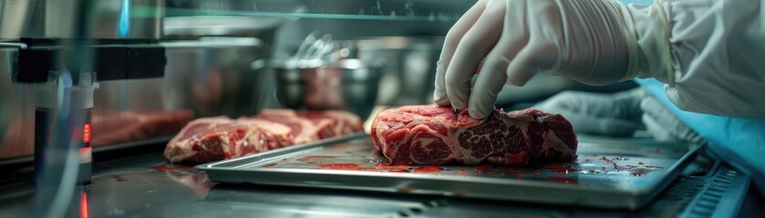 Cultured meat being prepared in a lab, hyperrealistic detail, a glimpse into foods future